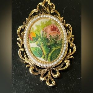 Vintage 1970 Signed Egg Shell With Transfer-ware Roses Brooch Pendant
